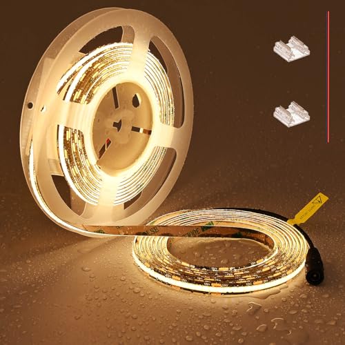 TOPAI 12V COB LED Streifen 5M Warmweiss IP65 Wasserdicht Schwarz PCB Dimmbar 480LED/M CRI>90 Sehr Hell 4000Lm Außen 3000K LED Strip Selbstklebend Flexible Schneidbar (Netzteil nicht enthalten) von TOPAI