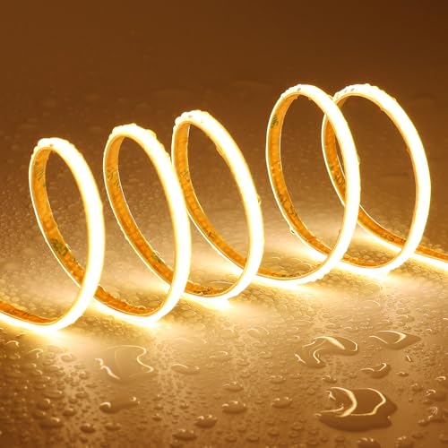 TOPAI 12V COB LED Streifen 5M Warmweiss Schmal 5mm Wasserdicht, Flexible LED Strip 3000K Aussenbereich, CRI>90 400LED/M Selbstklebend LED Band Schneidbar (Produkt ohne Netzteil) von TOPAI