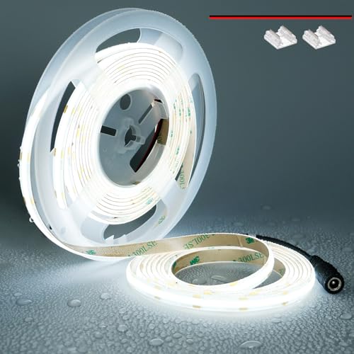 TOPAI COB LED Streifen 5M Kaltweiß Wasserdicht IP65, 12V LED Strip 6000K Aussenbereich, CRI>90 Sehr Hell 4000lm LED Band Selbstklebend, 480LEDs/M Flexible Schneidbar für Küche Wohnzimmer von TOPAI