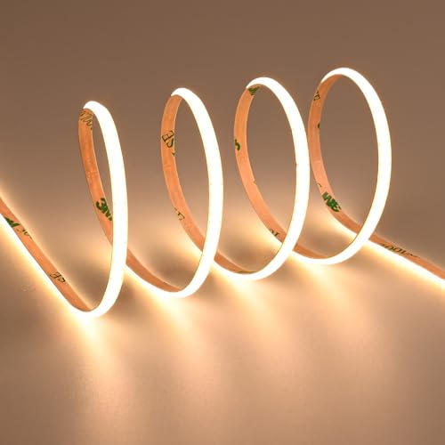 TOPAI 12V COB LED Streifen Schmal 4mm Breit 5M Warmweiss, LED Strip 3000K Selbstklebend 400LED/M CRI>90, Nicht Wasserdicht Flexibles Schneidbar für Innenbereich Heim Küche Deko DIY von TOPAI