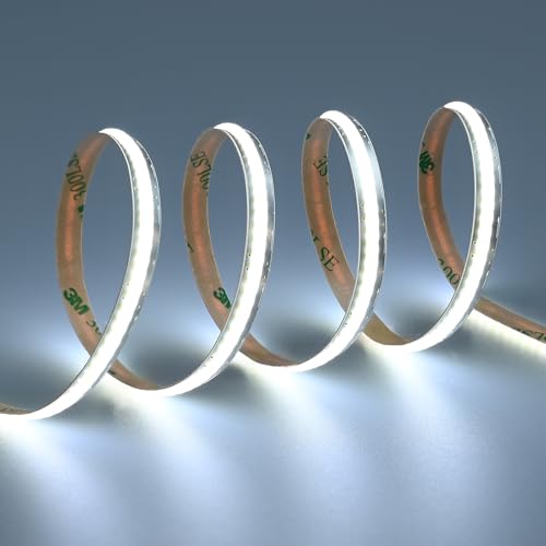 TOPAI 12V COB LED Streifen Schmal 6.6mm Breit 5M Kaltweiss, LED Strip 6000K Selbstklebend 320LED/M CRI>90, Nicht Wasserdicht Flexibles Schneidbar für Innenbereich Heim Küche Deko DIY von TOPAI