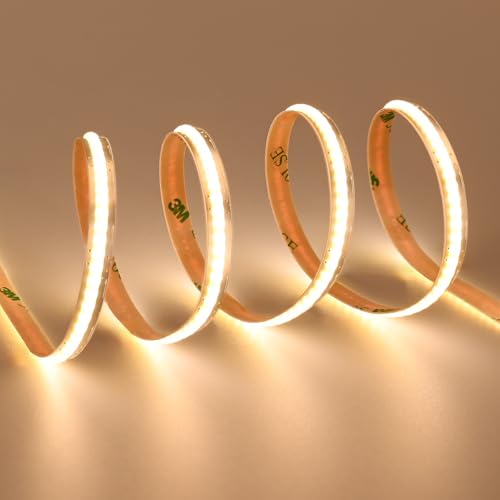 TOPAI 12V COB LED Streifen Schmal 6.6mm Breit 5M Warmweiss, LED Strip 3000K Selbstklebend 320LED/M CRI>90, Nicht Wasserdicht Flexibles Schneidbar für Innenbereich Heim Küche Deko DIY von TOPAI
