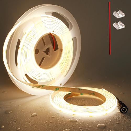 TOPAI COB LED Streifen 5M Warmweiss Wasserdicht IP65, 12V LED Strip 3000K Aussenbereich, Dimmbar CRI>90 Sehr Hell 4000lm LED Band Selbstklebend, 480LEDs/M Flexible Schneidbar (Nur der Streifen) von TOPAI