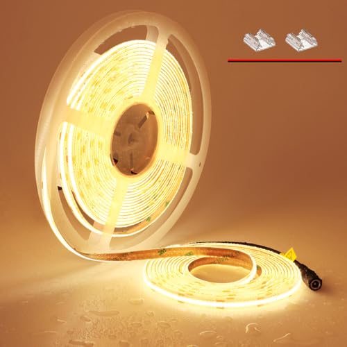 TOPAI COB LED Streifen 10M Warmweiss Wasserdicht, 24V LED Strip 3000K Außen, LED Band warmweiß Selbstklebend, 384LEDs/M CRI>90 Sehr Hell 7000lm Flexible Schneidbar für Schrank Treppe DIY Dekoration von TOPAI