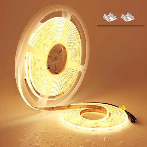 TOPAI COB LED Streifen 10M Warmweiss Wasserdicht, 24V LED Strip 3000K Außen Sehr Hell, LED Band warmweiß Selbstklebend, 384LEDs/M CRI>93 Flexible Schneidbar für Schrank Treppe DIY Dekoration von TOPAI