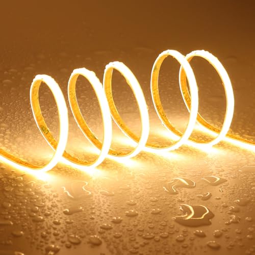 TOPAI 24V COB LED Streifen 5M Warmweiss Schmal 5mm Wasserdicht, Flexible LED Strip 3000K Aussenbereich, CRI>90 400LED/M Selbstklebend LED Band Schneidbar (Produkt ohne Netzteil) von TOPAI