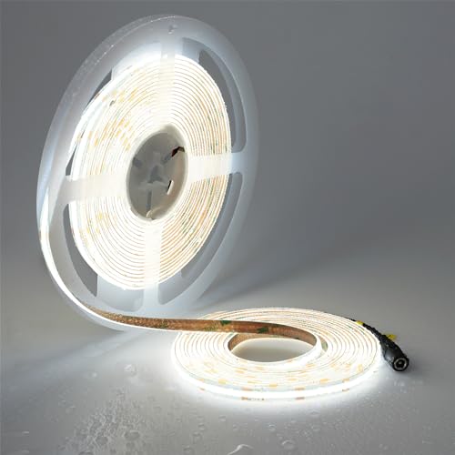 TOPAI COB LED Streifen 10M Kaltweiß Wasserdicht, 24V LED Strip 6000K Außen IP65, LED Band Weiss Selbstklebend, 384LEDs/M CRI>90 Sehr Hell 7000lm Flexible Schneidbar für Schrank Treppe DIY Dekoration von TOPAI