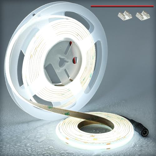 TOPAI COB LED Streifen 5M Kaltweiß Wasserdicht IP65, 24V LED Strip 6000K Aussenbereich, CRI>93 Sehr Hell 4000lm LED Band Selbstklebend, 480LEDs/M Flexible Schneidbar für Küche Wohnzimmer von TOPAI