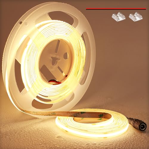 TOPAI COB LED Streifen Warmweiss 5M Wasserdicht, 24V LED Strip 3000K Aussenbereich IP65, CRI>93 Sehr Hell 4000lm LED Band Selbstklebend, 480LEDs/M Flexible Schneidbar für Küche Wohnzimmer Dekoration von TOPAI