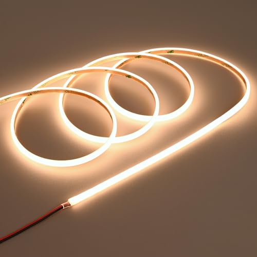 TOPAI Ultra Schmal 5×3mm Neon LED Streifen 5M Wasserdicht 3000K Warmweiss 24V Drei Seiten 180° Beleuchtung Selbstklebend CRI>90 320LED/M Punktfrei Flexibel & Schneidbar (Nur Streifen) von TOPAI