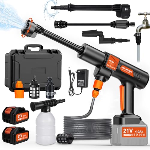 TOPALL Akku Hochdruckreiniger Pistole,Mini Mobiler Hochdruckreiniger Max 45 Bar/652PSI,High Pressure Cleaner,mit 2*4000mAh|8.5M Schlauch|6-in-1 Düse,Kabelloser Hydro Blast Kompatibel mit Makita Akku von TOPALL