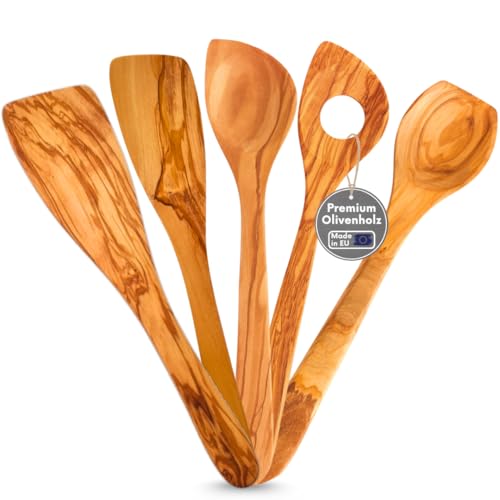 TOPANBIETER 999 5-tlg. Premium Kochlöffelset-Made in EU 3 Kochlöffel + 2 Pfannenwender, nachhaltiges Olivenholz, langlebig & antibakteriell Küchenhelfer-Set H 30/32 cm von TOPANBIETER 999