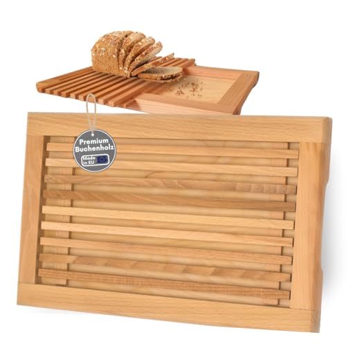 Brotschneidebrett Made in EU mit Krümelgitter & Griffmulden aus Buchenholz geölt - 40x25 cm, Schneidebrett für Brot, Baguette und Brötchen, Servierbrett - geölt & nachhaltig - von TOPANBIETER 999