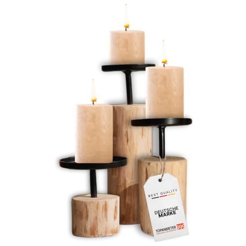 TOPANBIETER 999 Kerzenständer 3er Set, Rundes Design aus Eukalyptusholz & Metall, Höhe 8-22 cm Stilvolle Kerzenhalter für Stumpenkerzen, Moderne Tischdeko Kerzenleuchter Lieferung ohne Kerzen von TOPANBIETER 999