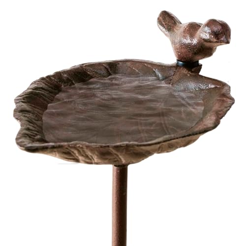 TOPANBIETER 999 Vogeltränke Vogelbad Wassertränke für Wildvögel mit Erdspieß aus Gusseisen Wasserstelle Futterstelle witterungsbeständig und frostsicher (Blatt Braun) von TOPANBIETER 999