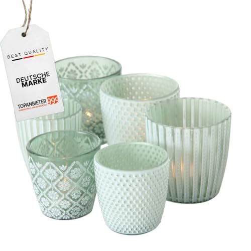 TOPANBIETER 999 6 x Teelichthalter, Windlicht 6er Set - 3 Motive - 2 Größen- Höhe 6,5/8,5 cm- grün/weiß - Teelicht-Gläser Windlichter Dekoglas für Kerzen & Teelichter, Tischleuchten, Kerzenständer von TOPANBIETER 999