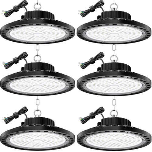 TOPAUBUB 100W LED Hallenstrahler 6 Stück, 10000LM Hallenbeleuchtung LED mit 30 cm Metallkette, Treiber, 6500K IP65 UFO Lampe Industriebeleuchtung für Lagerhalle, Fabriken von TOPAUBUB