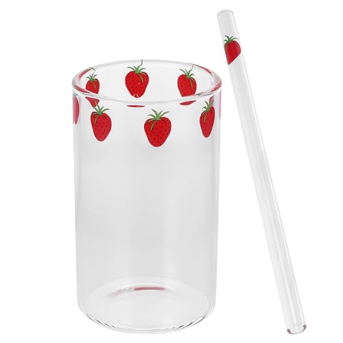 TOPBATHY 1 Satz Glas Erdbeer- Becher Glas Milch Hitzebeständige Flasche mit Stroh Niedlichen Kaffee Wassersaft Trinkbecher für Home Office von TOPBATHY