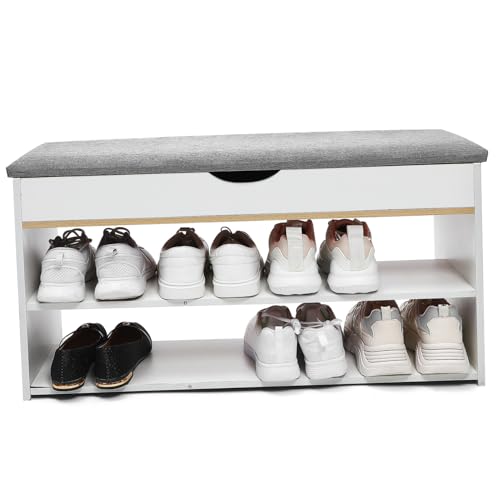 TOPBATHY Flurbank Schuhregal mit Stauraum und Gepolsterter Sitzfläche Klappbar Warme Weiße Farbe Platzsparende Schuhbank mit Integriertem Schuhschrank für Eingangsbereich und Flur TOPBATHY Flurbank Schuhregal mit Stauraum und Gepolsterter Sitzfläche Klappbar Warme Weiße Farbe Platzsparende Schuhbank mit Integriertem Schuhschrank für Eingangsbereich und Flur von TOPBATHY