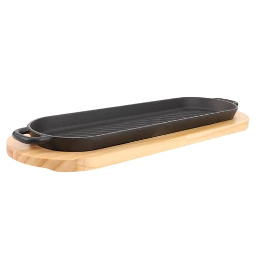 TOPBATHY Grillplatte Steakpfanne Servierpfanne mit Holzboden Backformen Bratpfanne Küchenutensilien Servierteller draussen Streifenplatte gusseiserne Pfanne Backgeschirr von TOPBATHY
