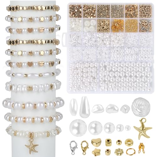 1542 Stück Perlen zum Auffädeln, 4/6/8/10/12mm Weiße Perlen, Unregelmäßige Geformte Kunstperlen, Perlen Gold, Bastelperlen, Perlenset für Armbänder Erwachsene Kinder, Ketten Selber Machen Set 1542 Stück Perlen zum Auffädeln, 4/6/8/10/12mm Weiße Perlen, Unregelmäßige Geformte Kunstperlen, Perlen Gold, Bastelperlen, Perlenset für Armbänder Erwachsene Kinder, Ketten Selber Machen Set von TOPBELIEF