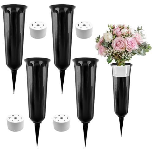 TOPBELIEF 4 Stück Grabvase mit Erdspieß Grabvase Friedhofsvase Gedenkvasen für Gräber Grab-vasen Grabvaseneinsatz Blumenvase für Grab Rasen Hof Gartendekoration (Schwarz) von TOPBELIEF