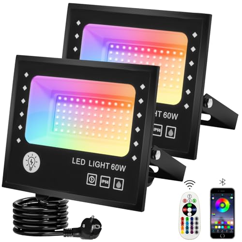 60W RGB LED Strahler Fluter Außen,spotlight mit Fernbedienung Bluetooth App,16 million Farben und DIY-Strobe-Modus,Timing,Flutlicht im Freien 6000 LM,2700K,IP66 Außenstrahler,2 Stück von TOPBOS