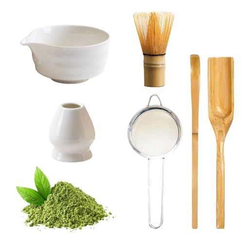 6PCS Matcha Tea Whisk Set, Ceramic Matcha Bowl with Spout, Complete Matcha Tea Set Whisk Starter Kit for Beginners and Enthusiasts (White) von TOPCHANCES