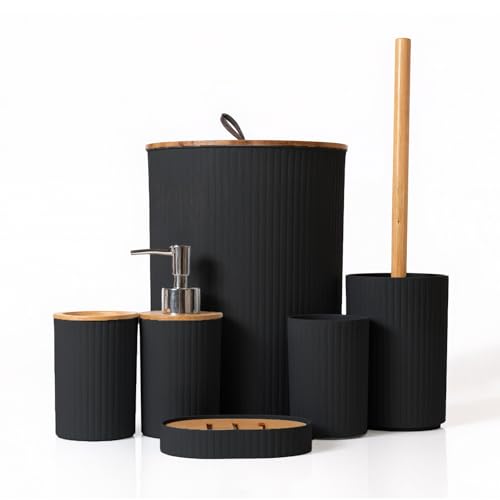 Bathroom 6-Piece Set, Bamboo Lid Trash Can/Toilet Brush/Soap Dispenser/Toothbrush Holder/Cup/Soap Box Modern and Simple Bathroom Combination (Round, Black) von TOPCHANCES