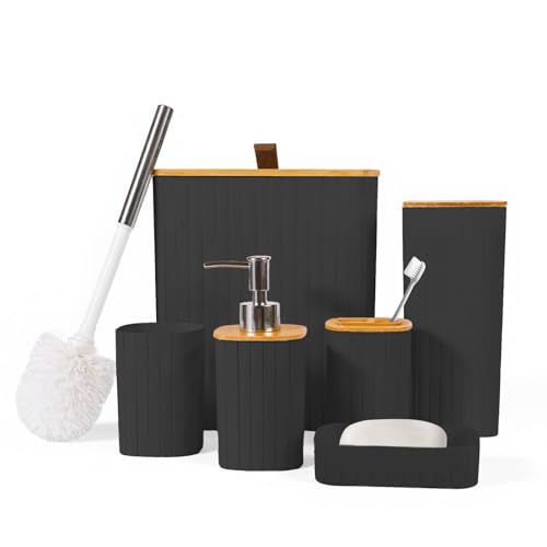 Bathroom 6-Piece Set, Bamboo Lid Trash Can/Toilet Brush/Soap Dispenser/Toothbrush Holder/Cup/Soap Box Modern and Simple Bathroom Combination (Square, Black) von TOPCHANCES