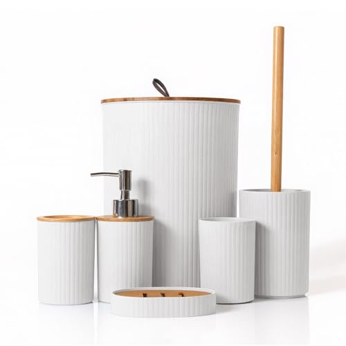 Bathroom 6-Piece Set, Bamboo Lid Trash Can/Toilet Brush/Soap Dispenser/Toothbrush Holder/Cup/Soap Box Modern and Simple Bathroom Combination Bathroom 6-Piece Set, Bamboo Lid Trash Can/Toilet Brush/Soap Dispenser/Toothbrush Holder/Cup/Soap Box Modern and Simple Bathroom Combination von TOPCHANCES