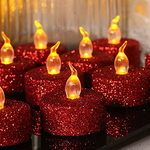 Batterie-Kerzenlichter, 100 Stunden Batterie, LED, flackernde Teelichte, Kerzen, flammenlose Lichter, warmgelbe Lampe für Hochzeiten, Feiern, Partys, Festivals, Dekoration, Rot, 12 Stück von TOPCHANCES