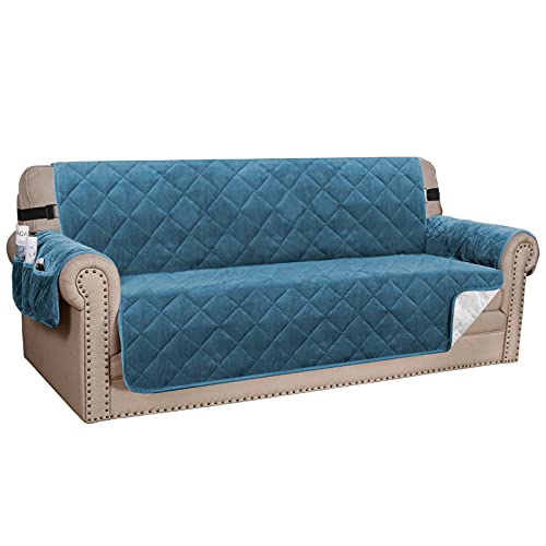 Dickes Samt-Sofa Abdeckung - Anti-Rutsch-Wende-Sofa-Sessel-Schlupfdeckel Couchabdeckung mit Schaumstoffstäbchen Verstellbare elastische Gurte Möbelschutz für Haustiere Kinder (Peacock Blue, 3 Seater) von TOPCHANCES