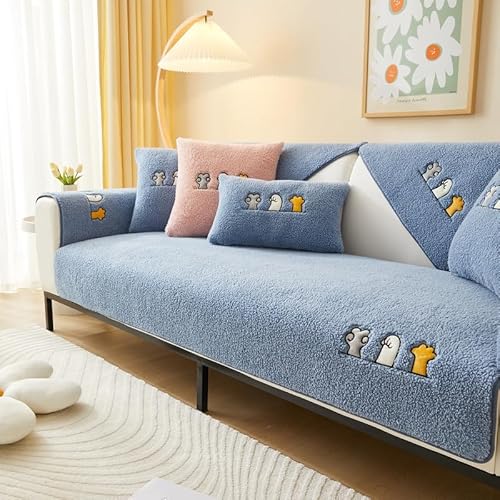 Neue weiche Sofa Kissenbezüge - rutschfeste Sofaabdeckungen 1 2 3 4 Sitzer Couchabdeckungen, Warme Plüsch Kunstpelz Berber Fleece Ecke Sofa Kissen Abdeckung L Form Möbelschutz (Blau 90x210) von TOPCHANCES