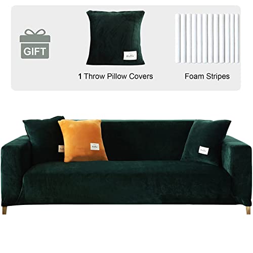 Samt Sofabezug 4 Sitzer - Weich High Stretch Antirutsch Couchbezug Sofaschutz, Plüsch Sofa Schonbezüge mit 1 Kissenbezug für Wohnzimmer (Dunkelgrün, 4-Sitzer für 230-300cm) von TOPCHANCES