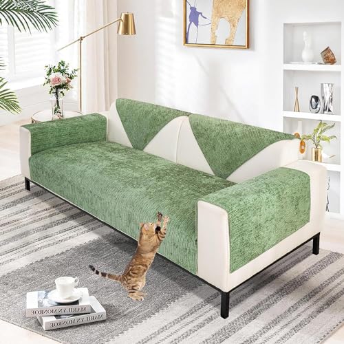 TOPCHANCES Sofabezug Chenille 1 2 3 4 Sitzer,L Form Sofa Überwurfdecke Sofaüberzug Ecksofa,Sofaschoner rutschfest Klare Textur Für Hunde Wohnzimmer Couch Cover(Matcha-Grün,70×180cm 1pcs) von TOPCHANCES