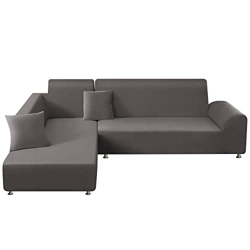 Sofabezug L-Form - Weiche Stretch Sektionale Sofabezüge 3-Sitzer + 3-Sitzer Couchbezug Möbelschoner mit 2 Kissenbezügen für L-förmiges Sofa (Dunkelgrau, 3+3-Sitzer) von TOPCHANCES