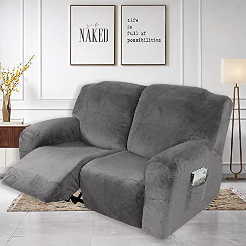 Sofaüberzüge für Liegestuhl, Samt, Stretch, Liegestuhl, Couchbezüge für 1/2/3-Sitzer, Möbelbezüge, dick, weich, waschbar, mit Tasche zum Zurücklehnen von Sofa (Grau, 2-Sitzer) von TOPCHANCES