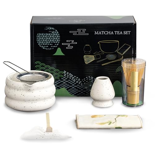 TOPCHANCES 7 Stück Matcha Set,Matcha Besen,Matcha Schale Tee Set für die Zubereitung von Milchkaffee,Matcha Schneebesen Set mit löffel & Sieb,Matcha Zubehör für die Teezeremonie(Weißes) von TOPCHANCES