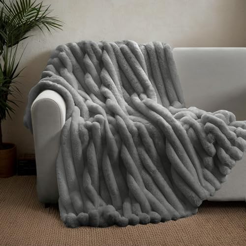 TOPCHANCES Kuscheldecke Flauschig Decke Fleecedecke-Super Soft A/B Doppellagiger Stoff 360G Und 180G/M²Kaninchen Plüsch Kunstfell Blanket,Sofa Decke Für Schlafzimmer Büro Und Sofa Dunkelgrau,180×230cm von TOPCHANCES