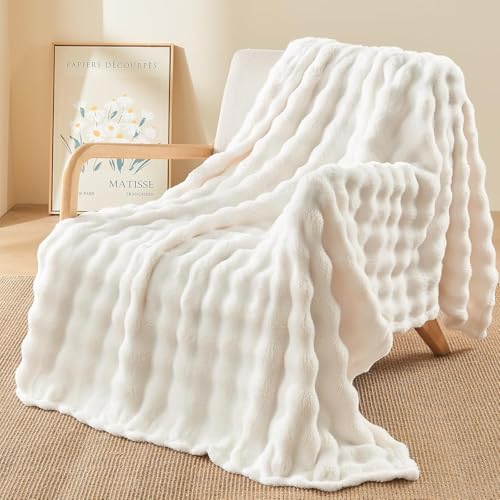TOPCHANCES Kuscheldecke Plüsch Flauschige Decke Super Soft Wohndecke Dick 450gsm Flanell Bubble Couchdecke Warm Überwurfdecke Sofadecke Vielseitig Blanket Für Bett Sofa,Creme,100×160cm von TOPCHANCES