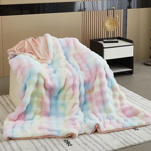 TOPCHANCES Kuscheldecke Flauschige Decke Plüsch Kaninchen Super Soft Wohndecke Dick 1200GSM Flanell Bubble Couchdecke Warm Überwurfdecke Sofadecke Vielseitig Blanket Für Bett Sofa，Regenbogen,100×160cm von TOPCHANCES
