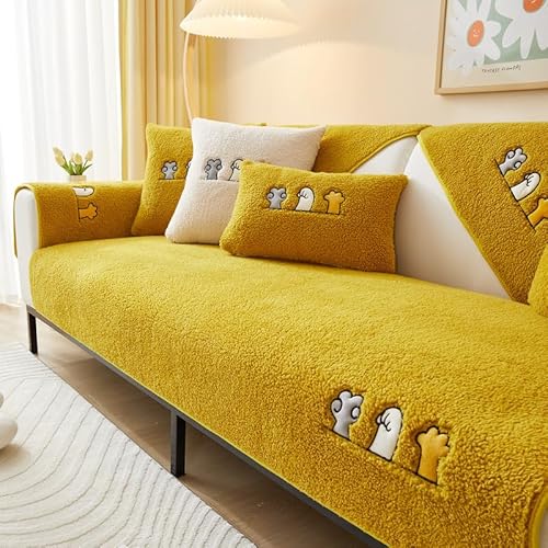 Neue weiche Sofa Kissenbezüge - rutschfeste Sofaabdeckungen 1 2 3 4 Sitzer Couchabdeckungen, Warme Plüsch Kunstpelz Berber Fleece Ecke Sofa Kissen Abdeckung L Form Möbelschutz (Gelb 70x70) von TOPCHANCES
