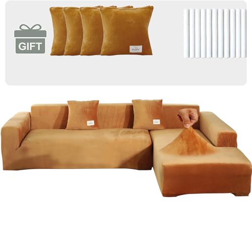 TOPCHANCES Samt Sofabezug 1 2 3 4 Sitze,Sofabezüge Ecksofa L Form,Sofa Überwürfe Stretch Couchbezüge mit 4 Kissenbezügen Universal für Couch Cover Möbelbezug（3+3 Sitze,Orange） von TOPCHANCES