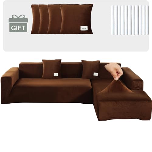 TOPCHANCES Samt Sofabezug 1 2 3 4 Sitze,Sofabezüge Ecksofa L Form,Sofa Überwürfe Stretch Couchbezüge mit 4 Kissenbezügen Universal für Couch Cover Möbelbezug（3+3 Sitze,Braun） von TOPCHANCES