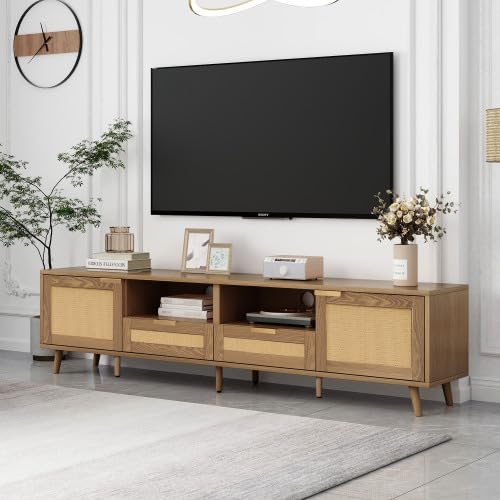TOPCHANCES TV-Konsolentisch,200 * 37 * 49cm, TV-Schrank mit echtem Rattandesign, TV-Schrank mit massiven Holzfüßen,Geflochtener Rattan-TV-Boards (Oak-200cm) von TOPCHANCES