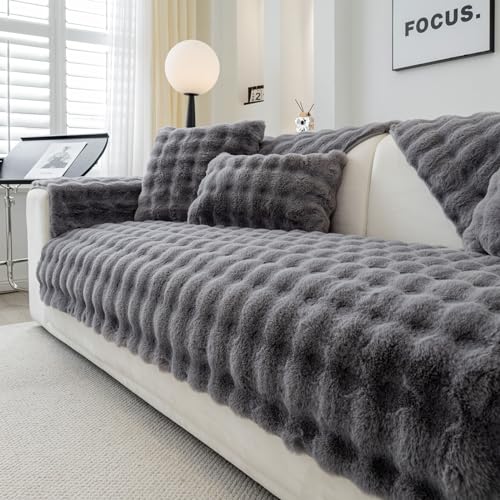 TOPCHANCES Weiche Dicke Plüschsofa Kissenbezüge - Neue rutschfeste Sofaabdeckungen 1 2 3 Sitzer Couchabdeckungen, Flauschige Kunstpelz-Ecke Sofa-Kissenabdeckung L Form Möbelschutz (Dunkelgrau 90x240) von TOPCHANCES