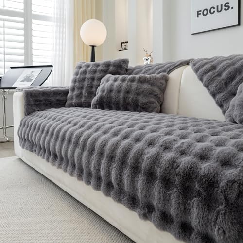 Weiche Plüsch Sofabezug Waschbar - Neue Rutschfeste Sofa überzug 1 2 3 4 Sitzer Couch überzug für Sektionssofa, Flauschiger Kunstpelz Sofa Sitzkissenbezug L Form Möbelschutz (Dunkelgrau, 90x240cm) von TOPCHANCES