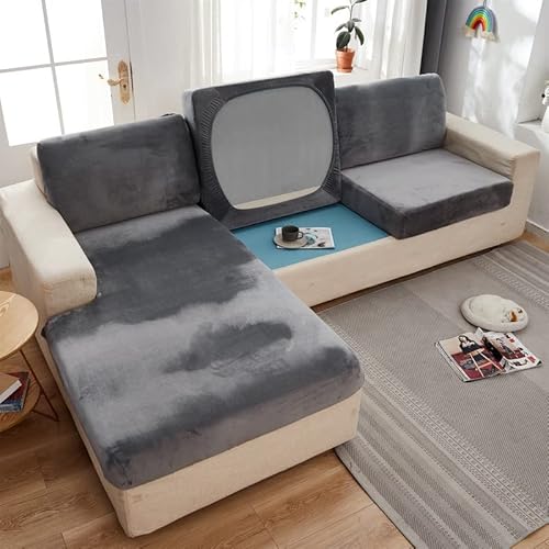 Weicher Samt Sofa Sitzkissenbezug - Stretch Anti-Rutsch Sofa Abdeckung Couch Kissenabdeckungen für Sektionssofa L Form, Sofa Kissen Slipcover Möbelschutz (Grey, Chaise Cover) von TOPCHANCES