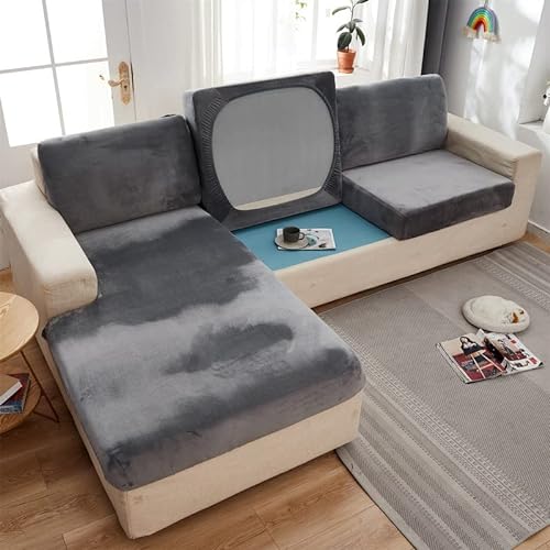 TOPCHANCES Weicher Samt Sofa Sitzkissenbezug - Stretch Anti-Rutsch Sofa Abdeckung Couch Kissenabdeckungen für Sektionssofa L Form, Sofa Kissen Slipcover Möbelschutz (Grey, Large Triple Seat Cover) von TOPCHANCES